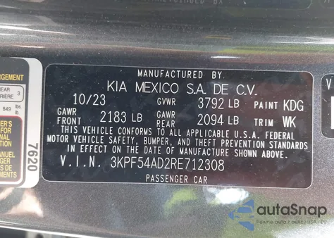 2024 Kia Forte Gt-Line z USA, uszkodzony, nr VIN 3KPF54AD2RE712308